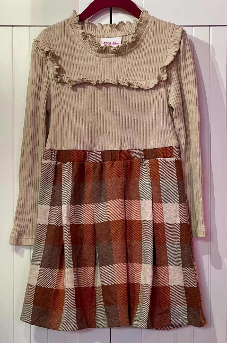 Little Lass Dress Size 6 Tan Plaid Long Sleeve Ruffle Knit